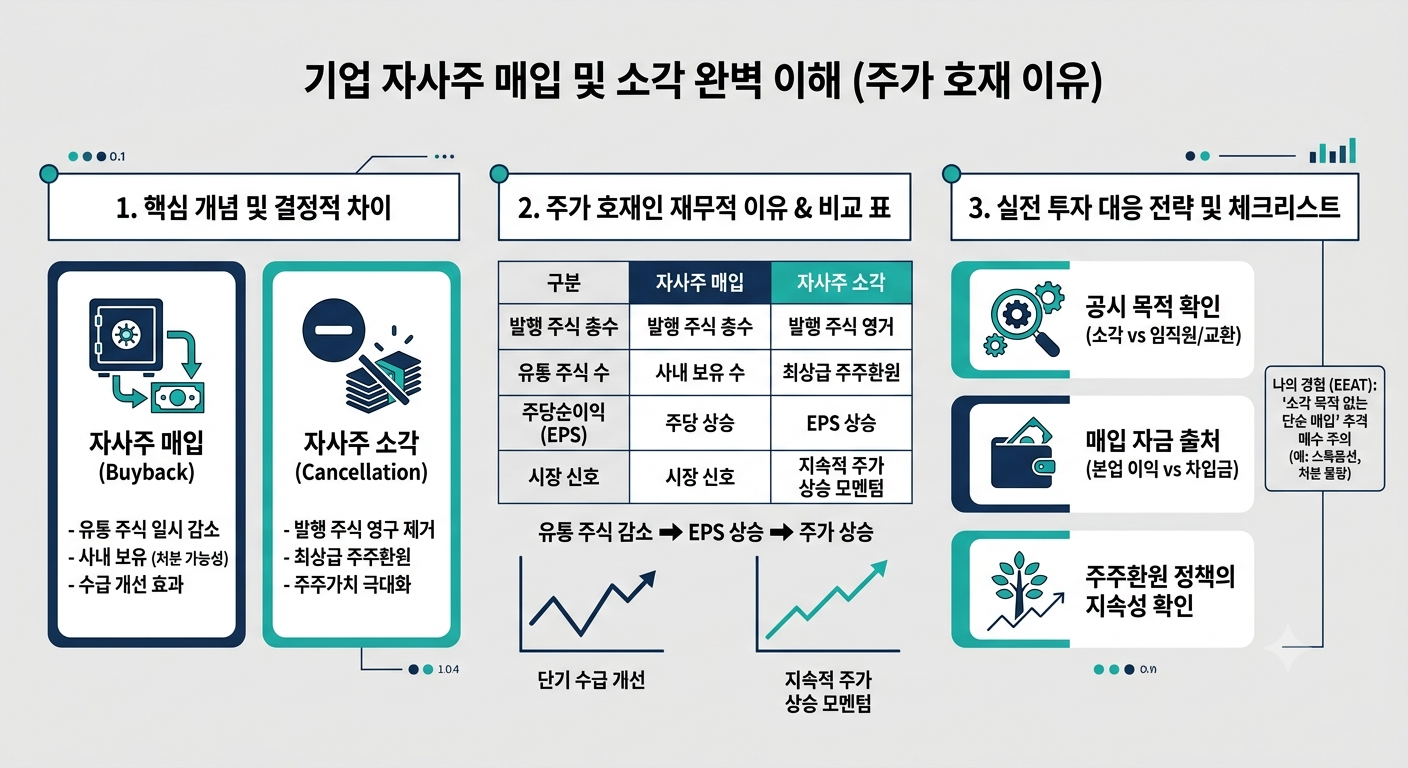 기업 자사주 매입과 자사주 소각의 차이점 및 EPS 상승 효과 비교 인포그래픽