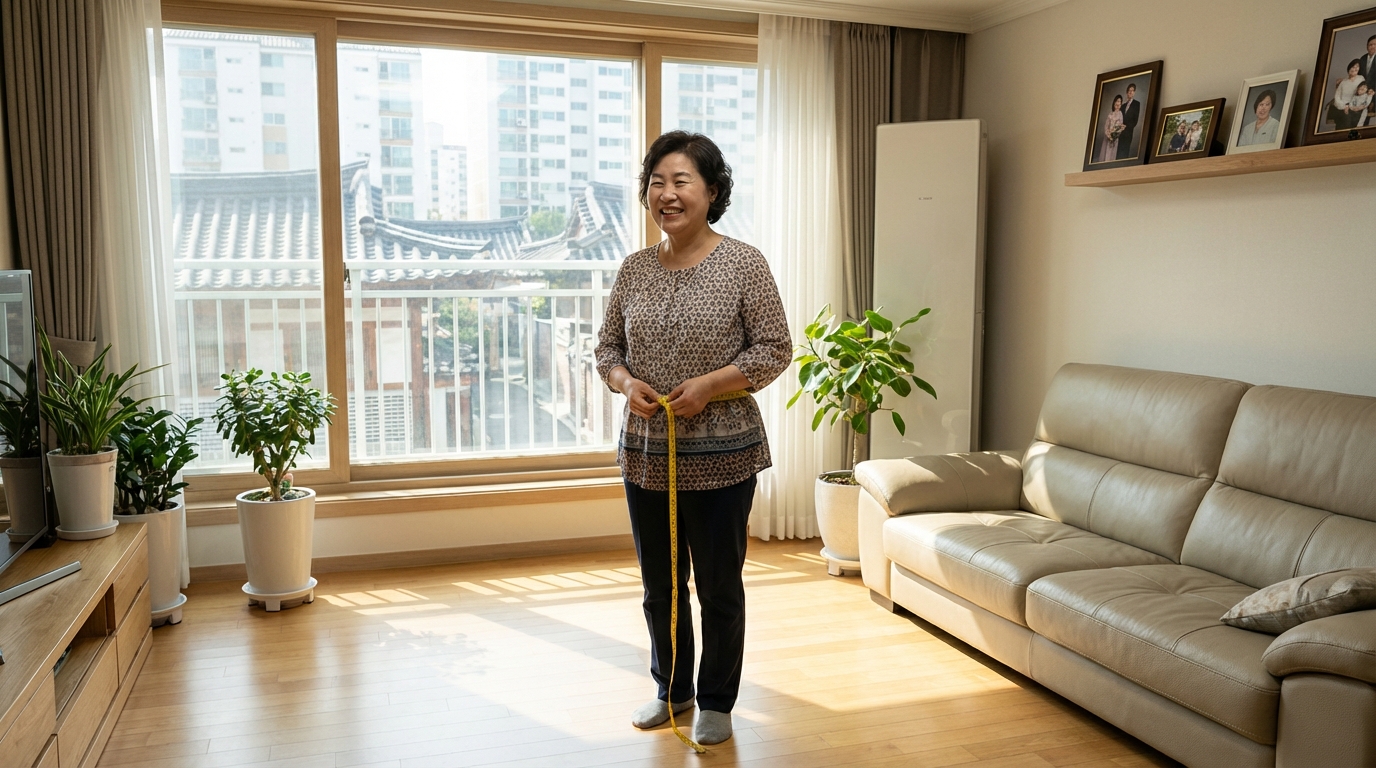 줄자로 허리 둘레를 측정하며 내장지방 뱃살 빼기에 성공하여 환하게 웃고 있는 한국 중년 여성의 모습