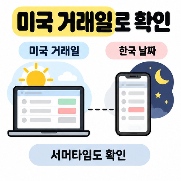 해가 있는 미국 거래일 노트북 화면과 달이 있는 한국 날짜 휴대전화 화면을 연결하고 서머타임도 확인하라고 안내한 그림