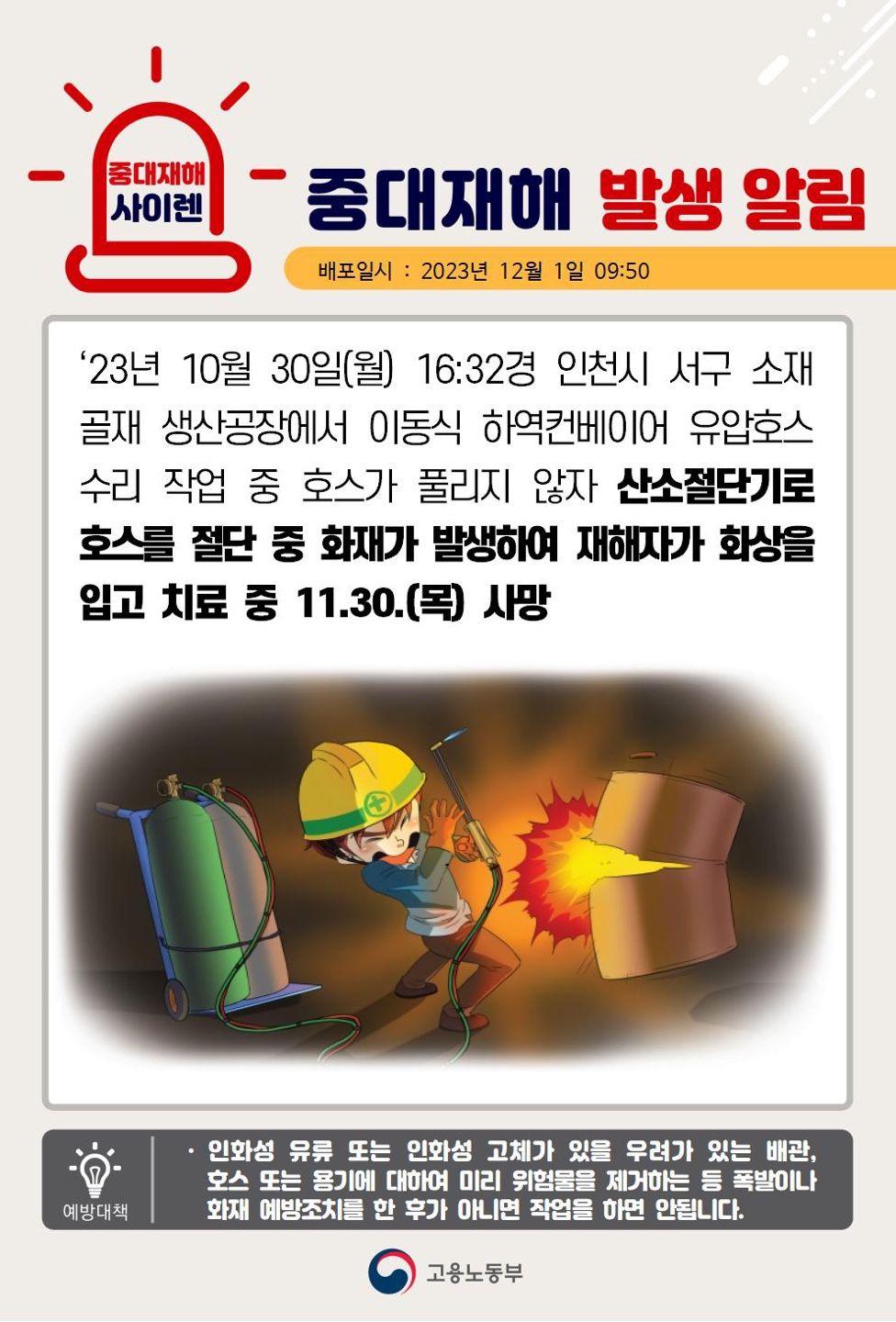 산소절단기로 호스 절단 중 화재