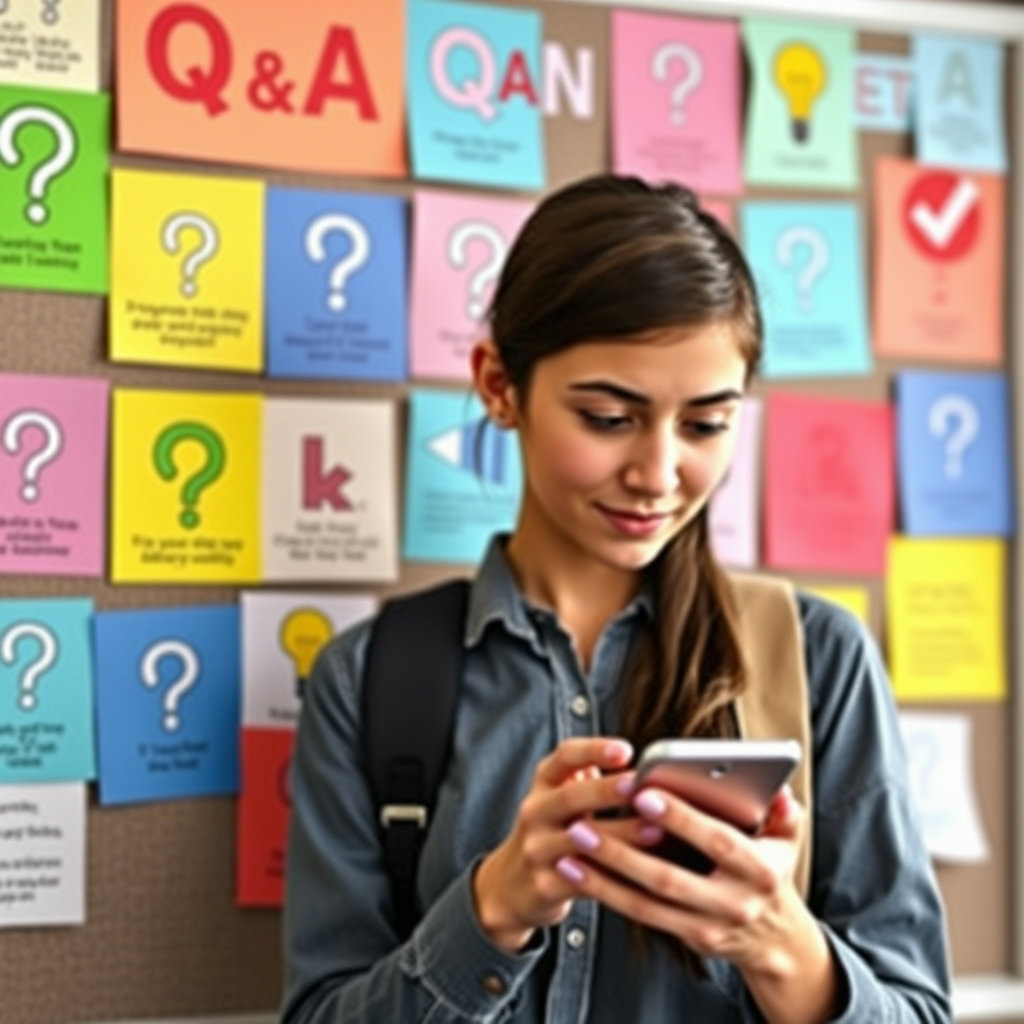 여러 질문과 답변이 아이콘 형태로 나열된 게시판이나 Q&A 코너를 시각화하고, 그 앞에 수험생이 스마트폰으로 검색하는 모습을 담아 궁금증 해결에 대한 긍정적인 메시지를 전달합니다.