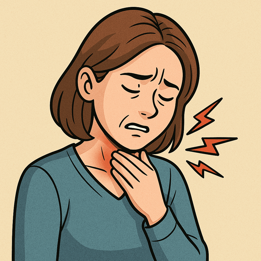 갑상선 기능 이상으로 고통받는 여성의 이미지.