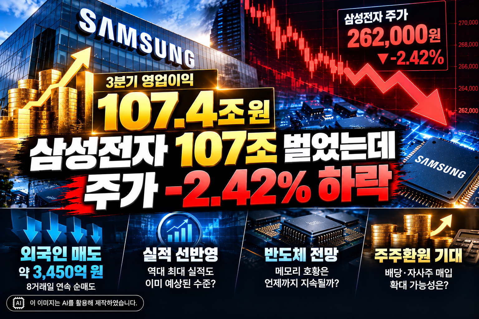 삼성전자 2026년 3분기 영업이익 107.4조 원 역대 최대 실적에도 주가 2.42% 하락, 외국인 순매도와 반도체 업황 전망을 나타낸 이미지