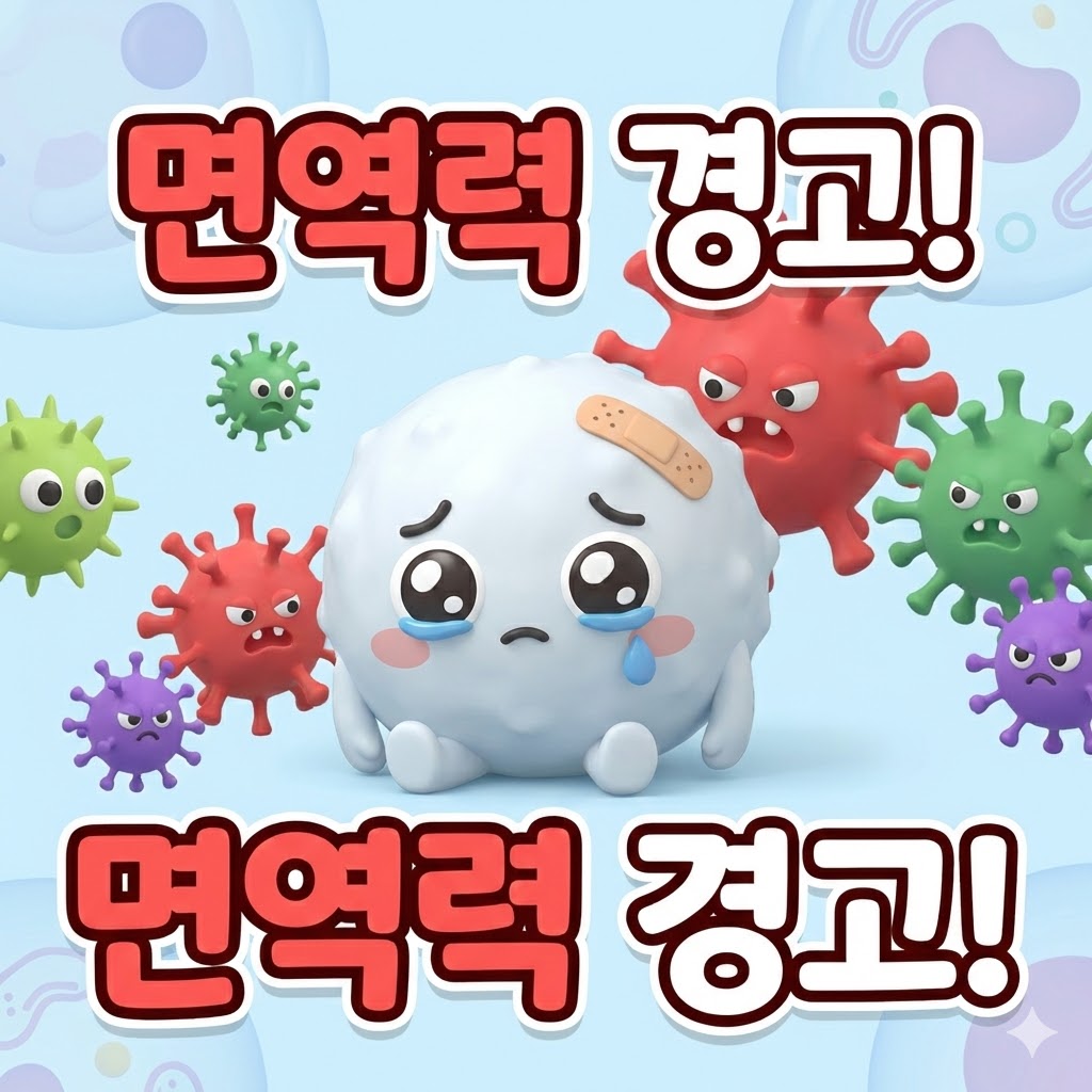 힘없이 주저앉아 면역력 저하를 보여주는 귀여운 백혈구 캐릭터와 '면역력 경고!' 문구가 있는 3D 카툰 일러스트.