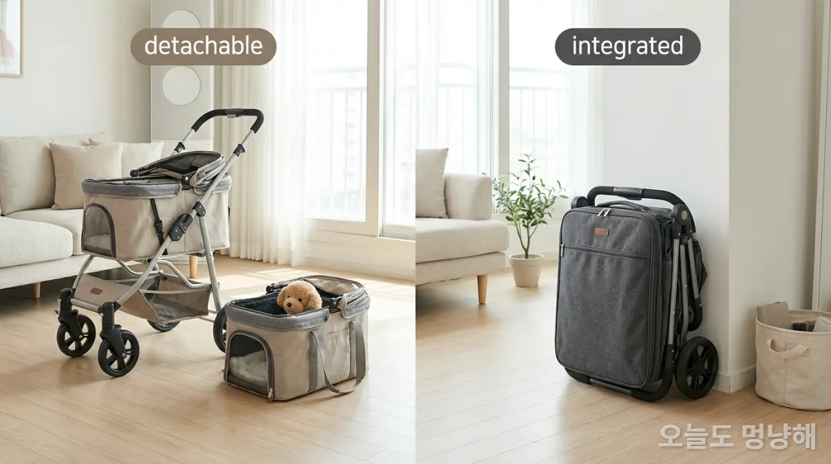 분리형 반려동물 유모차와 일체형 반려동물 유모차의 특징을 보여주는 비교 이미지