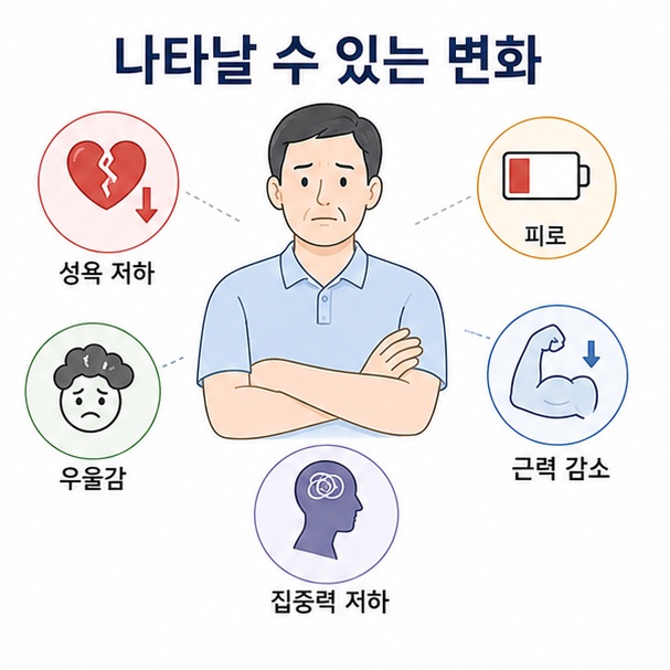 성욕 저하와 피로, 근력 감소, 우울감, 집중력 저하처럼 남성 갱년기에서 나타날 수 있는 변화를 정리한 이미지