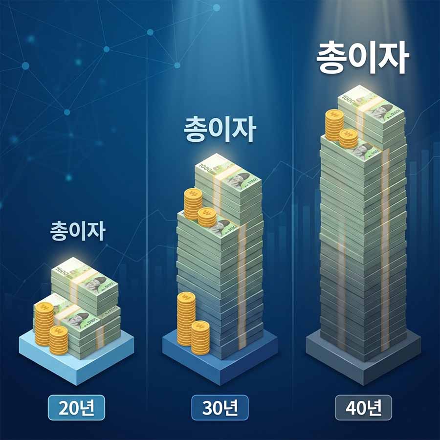 아파트담보대출금리비교에서 20년 30년 40년 기간별 총이자 증가를 비교한 이미지