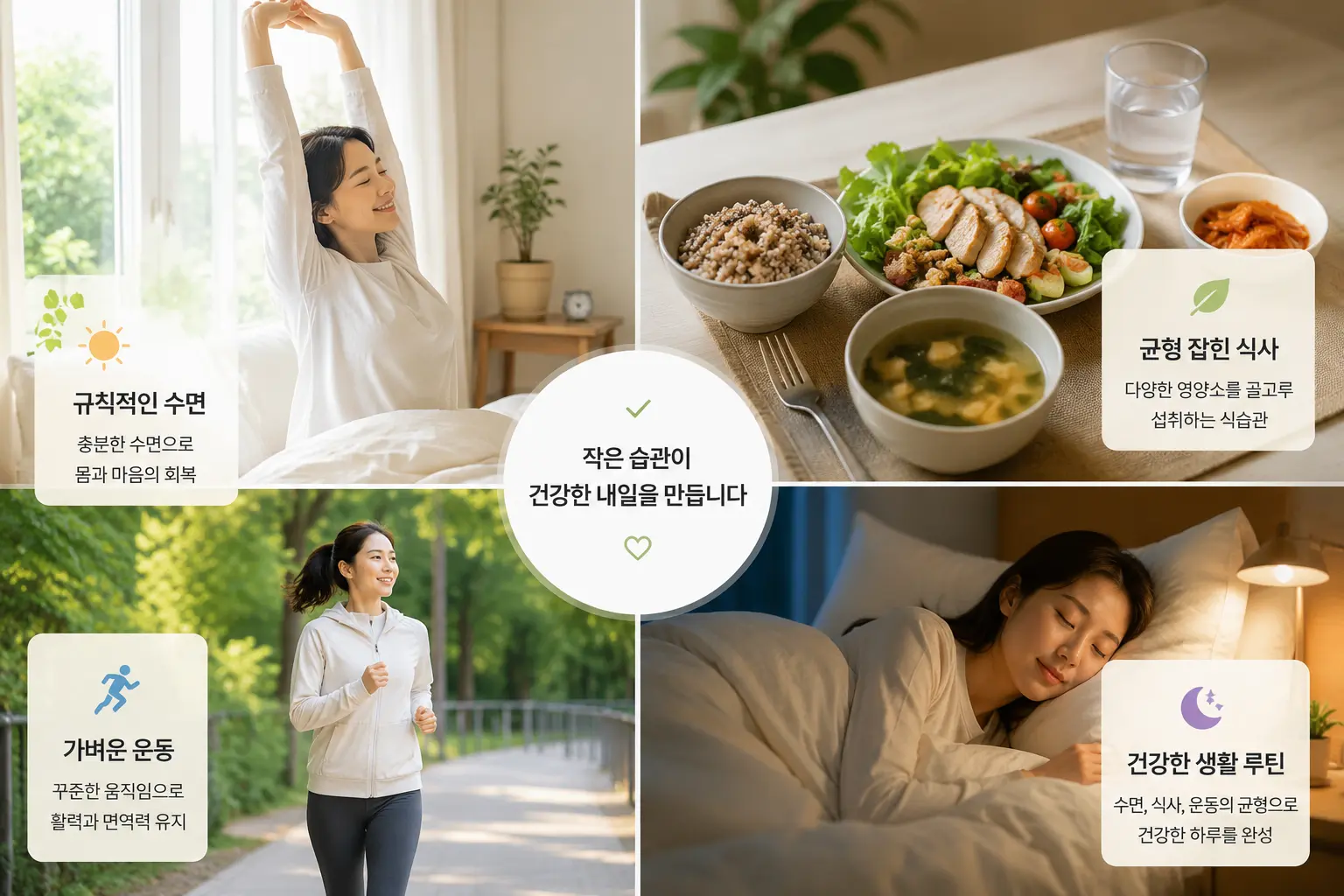 규칙적인 수면과 건강한 생활 습관을 실천하는 일상 장면