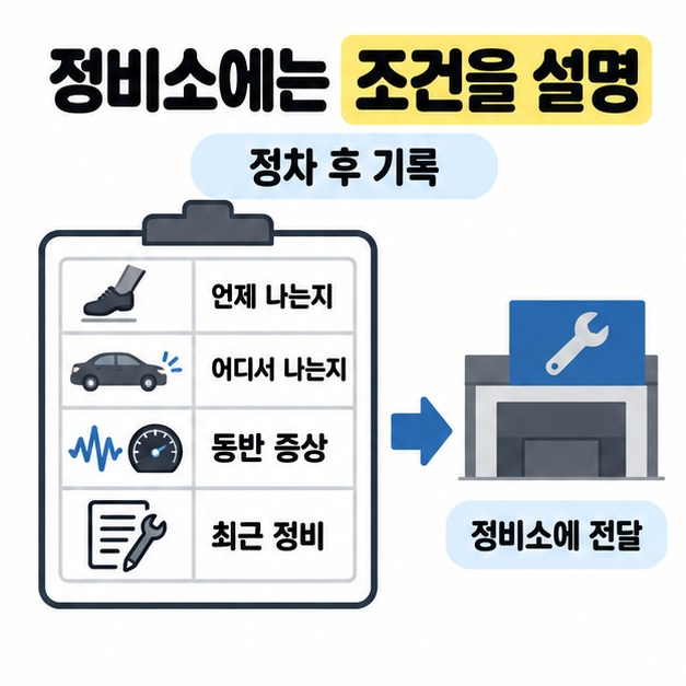 정차 후 언제 어디서 소리가 나는지와 동반 증상, 최근 정비를 기록한 양식을 정비소에 전달하는 흐름도