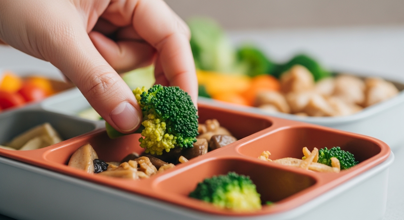 수능 도시락에 소화에 좋은 반찬을 정성스럽게 담는 모습. 부드러운 채소와 건강한 식재료들이 보인다.