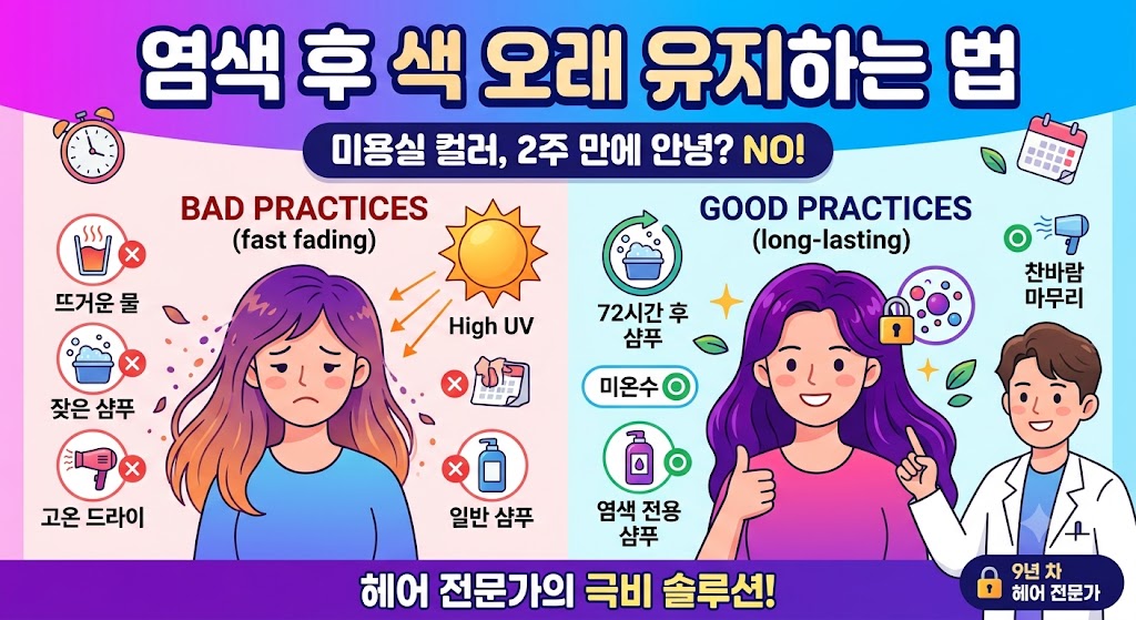 티스토리 블로그 "염색 후 색 오래 유지하는 법 &mdash; 미용실 다녀온 날부터 시작해야 해요" 포스팅의 가로형 대표 썸네일 이미지입니다. 화면은 좌우로 나뉘어 '잘못된 관리 습관(Bad Practices)'과 '올바른 관리 습관(Good Practices)'을 직관적으로 비교하고 있습니다.

[상단 타이틀] 상단 중앙에는 푸른색 그라데이션 바탕 위에 선명한 흰색 폰트로 "염색 후 색 오래 유지하는 법"이라는 메인 제목이 크게 강조되어 있으며, 그 아래 어두운 라운드 배너 안에 부제로 "미용실 컬러, 2주 만에 안녕? NO!"라는 문구가 적혀 있습니다. 좌측 상단에는 알람시계, 우측 상단에는 달력 아이콘이 배치되어 있습니다.

[좌측 영역 - Bad Practices] 연한 핑크색 배경 위에 염색이 얼룩덜룩하게 빠져 서글픈 표정을 짓고 있는 주황&middot;갈색조 머리의 여성 일러스트가 있습니다. 주변에는 빨간색 엑스(X) 표시와 함께 '뜨거운 물', '잦은 샴푸', '고온 드라이', '일반 샴푸' 아이콘과 강렬하게 내리쬐는 태양(High UV) 아이콘이 배치되어 색 빠짐의 주원인을 경고합니다.

[우측 영역 - Good Practices] 연한 민트색 배경 위에 선명하고 윤기 나는 보라색 머리를 한 여성이 미소를 지으며 엄지를 치켜세우고 있습니다. 머리에는 컬러를 잠근다는 의미의 황금색 자물쇠 아이콘이 떠 있습니다. 주변에는 초록색 동그라미(O) 표시와 함께 '72시간 후 샴푸', '미온수', '염색 전용 샴푸', '찬바람 마무리' 아이콘이 정돈되어 있습니다. 그 옆에는 흰 가운을 입은 신뢰감 있는 단정한 헤어 전문가가 미소를 지으며 모발 끝을 가리키고 있습니다.

[하단 배너] 최하단에는 보라색 바탕의 가로 배너 안에 노란색과 흰색 글씨로 "헤어 전문가의 극비 솔루션!"이라는 문구가 정돈되어 있으며, 우측 끝에는 '9년 차 헤어 전문가' 자물쇠 로고가 삽입되어 있습니다.