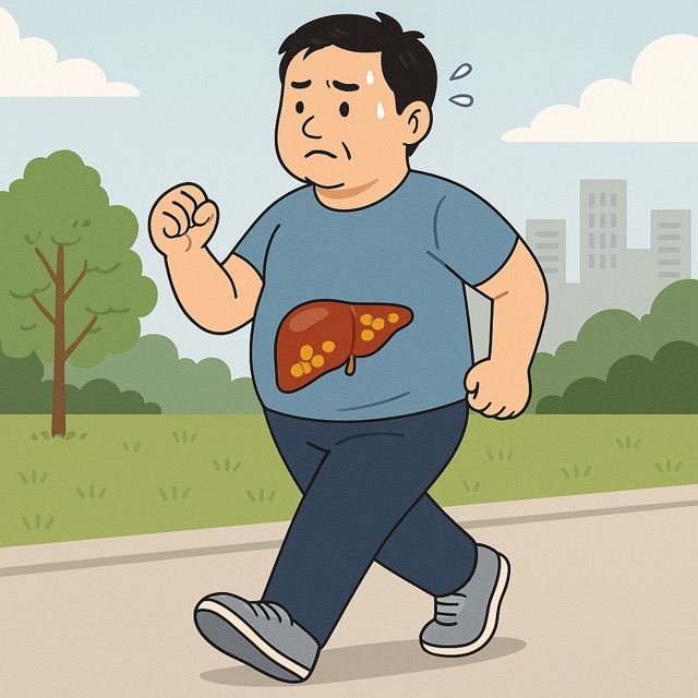 지방간이 있는 중년 남성이 공원에서 땀을 흘리며 걷기 운동을 하는 장면