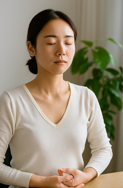 한 여성이 조용한 실내에서 눈을 감고 앉아 호흡에 집중하는 모습이 담긴 장면