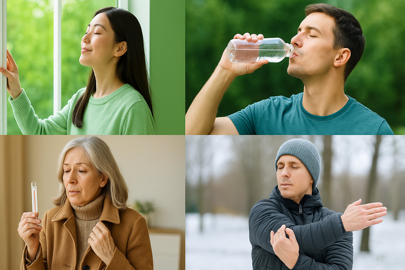 사계절에 맞춘 체온 조절 및 건강한 생활 습관을 실천하는 사람들의 이미지 콜라주