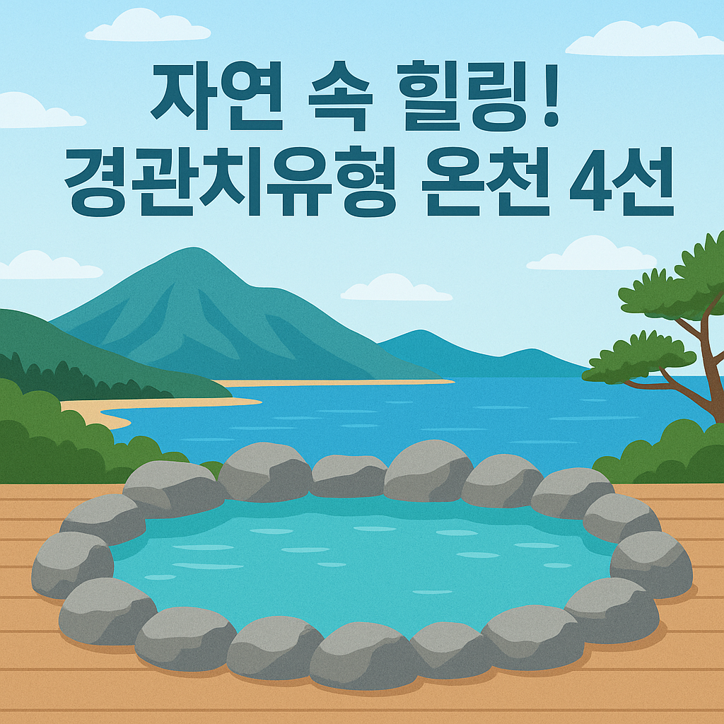 푸른 바다와 산을 배경으로 한 노천온천 일러스트 이미지 위에 '자연 속 힐링! 경관치유형 온천 4선'이라는 문구가 적힌 썸네일