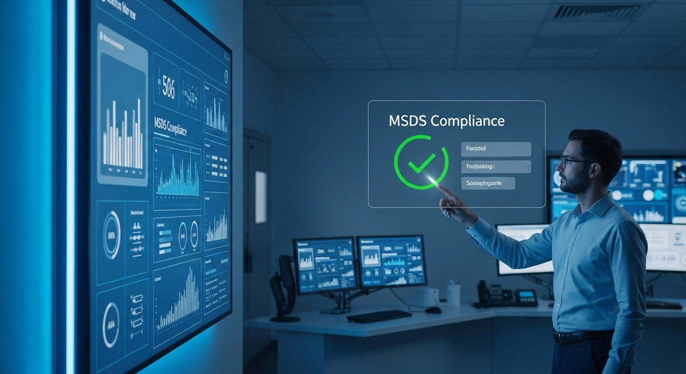 화학물질 누출 사고로 혼란스러운 공장과, 디지털 대시보드에서 MSDS 규정 준수 항목을 확인하며 안정적으로 관리하는 통제실을 대비시킨 이미지.