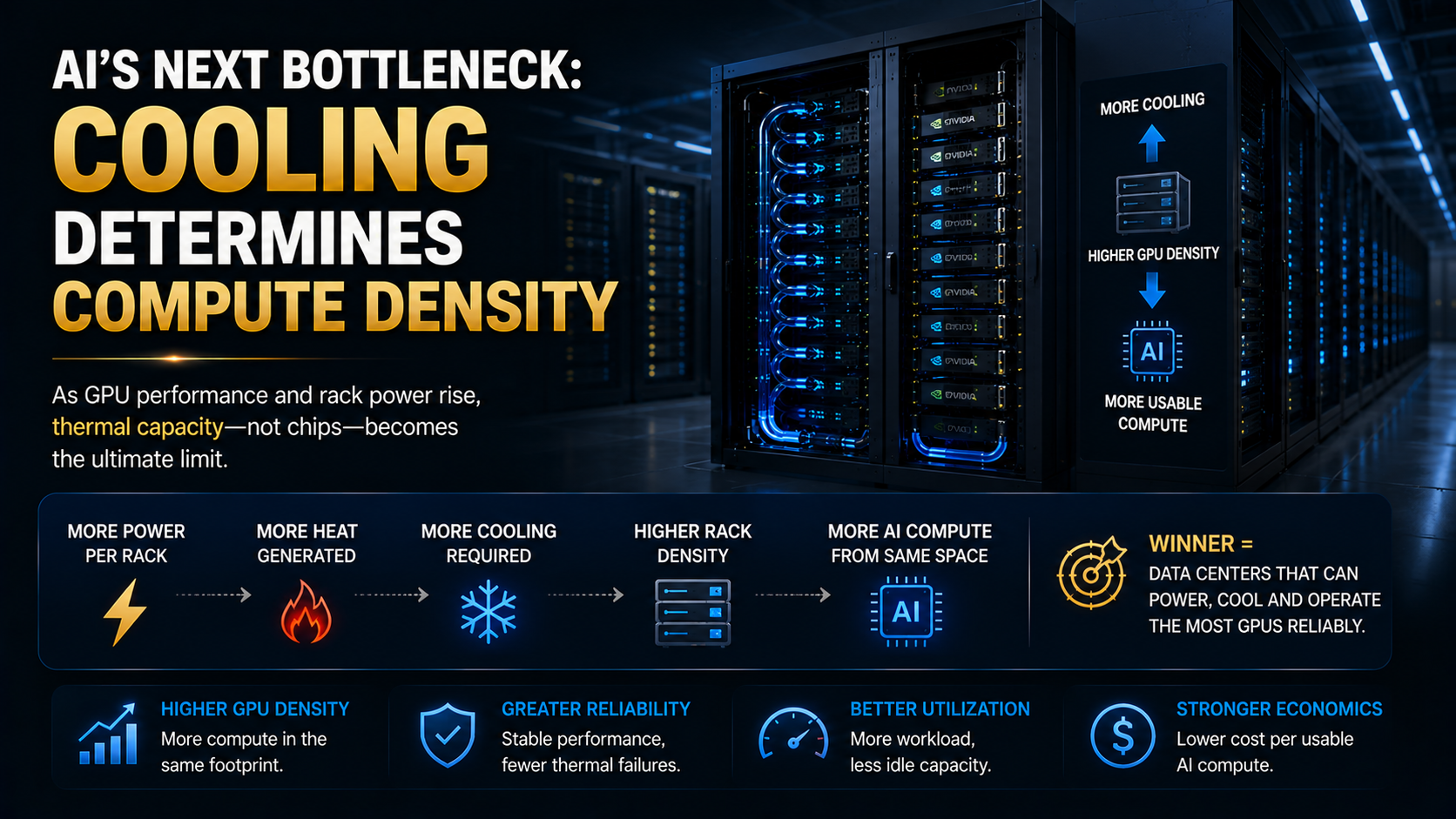 Liquid cooling increasing GPU density and usable AI compute capacity in high-density data centers