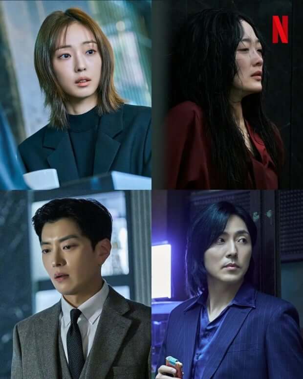 넷플릭스 심리 스릴러 드라마 '당신이 죽였다'의 주요 인물들. 감정이 복잡하게 얽힌 여성들과 수상한 분위기의 남성 캐릭터들이 긴장감을 암시한다.