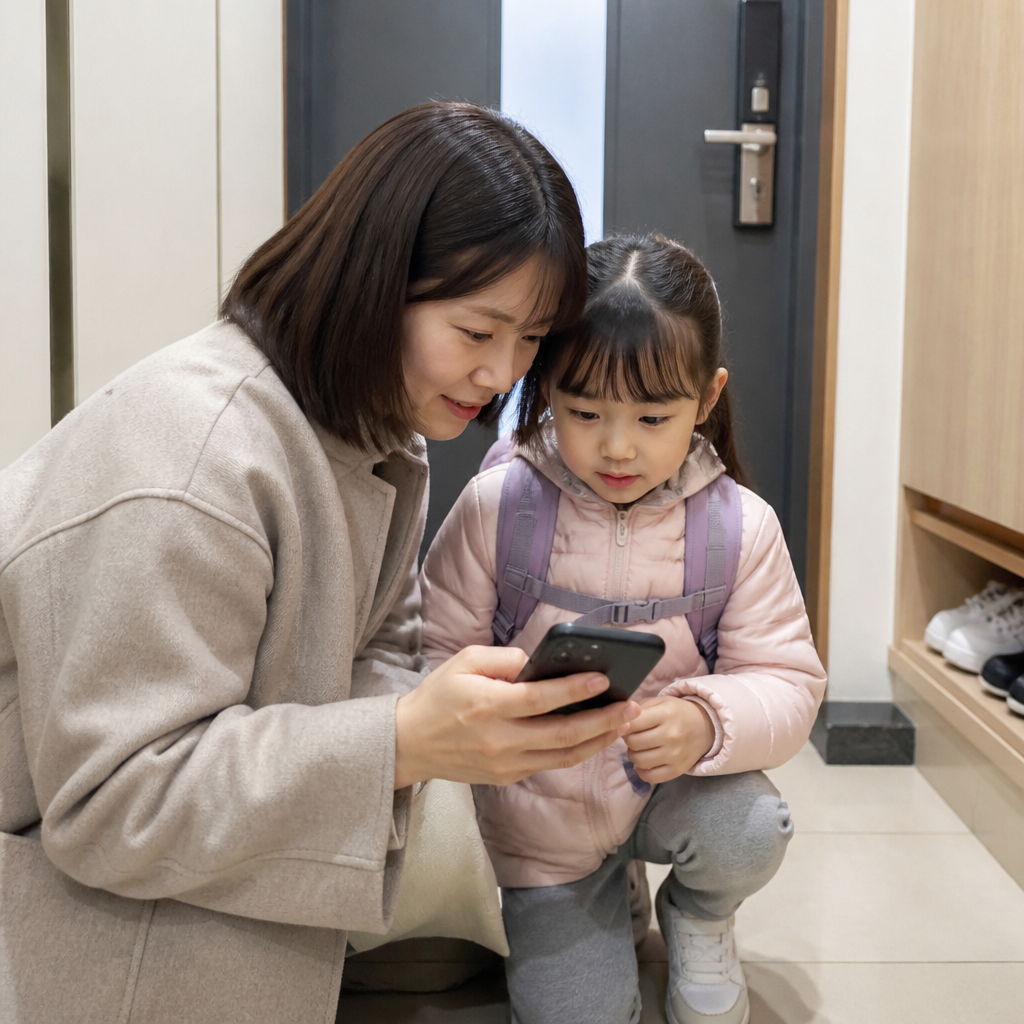 외출 전 아이의 최근 모습을 확인하는 보호자