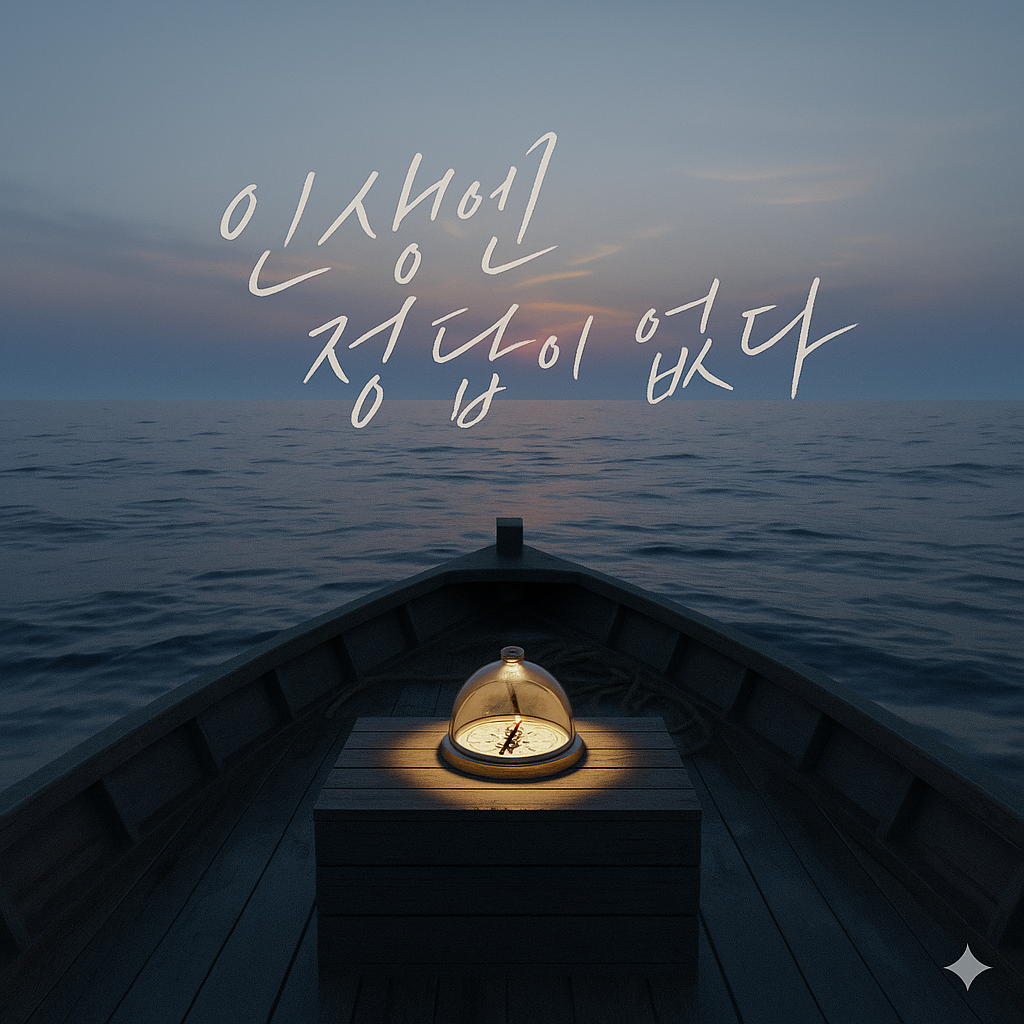 망망대해에 떠있는 배 한 척과 나침반