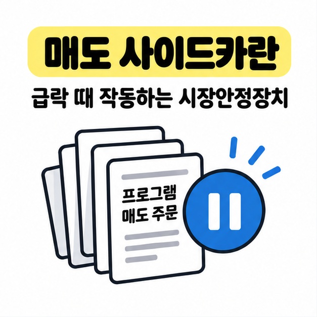 매도 사이드카란 제목과 급락 때 작동하는 시장안정장치라는 설명 아래 프로그램 매도 주문 문서 묶음과 파란 일시정지 기호가 배치된 대표 이미지