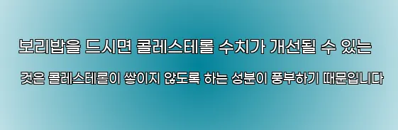  보리밥을 드시면 콜레스테롤 수치가 개선될 수 있는 것은 콜레스테롤이 쌓이지 않도록 하는 성분이 풍부하기 때문입니다
