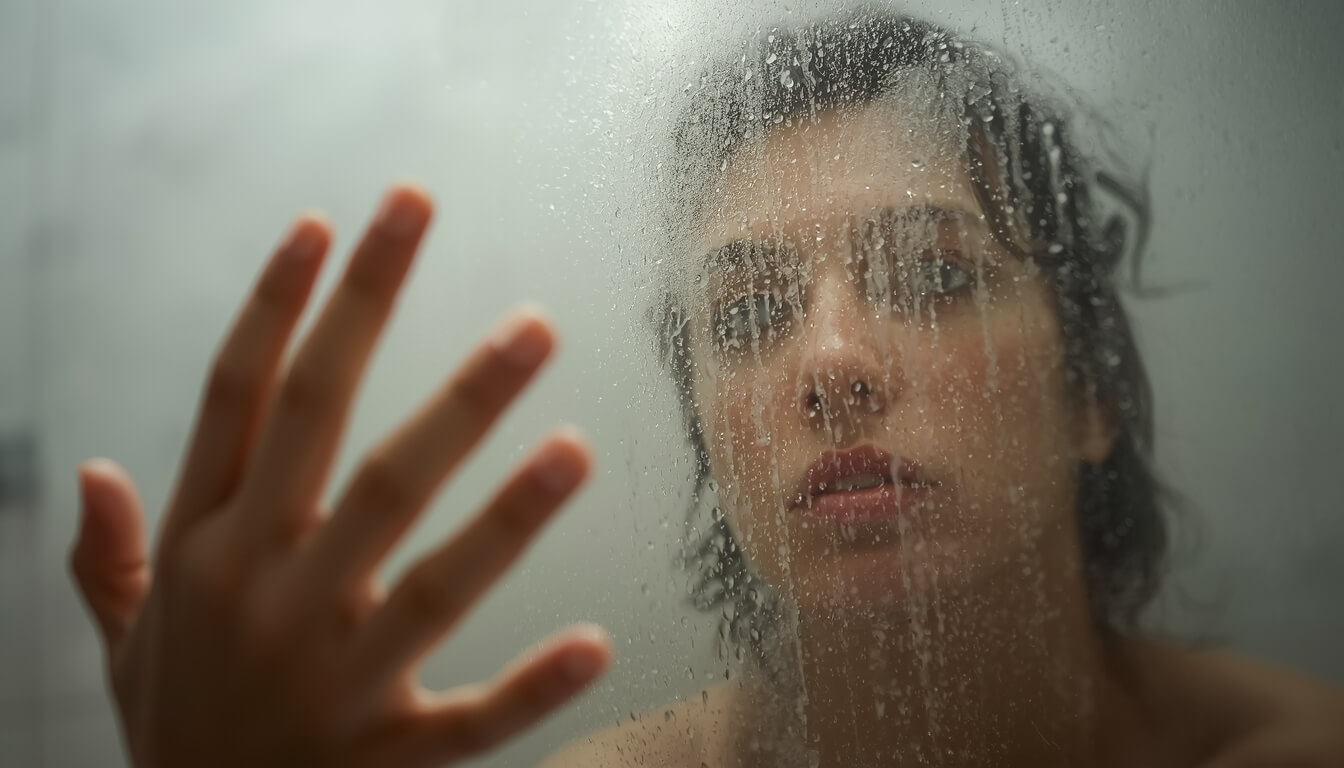 수증기로 뿌옇게 변하고 손자국이 남은 지저분한 욕실 거울