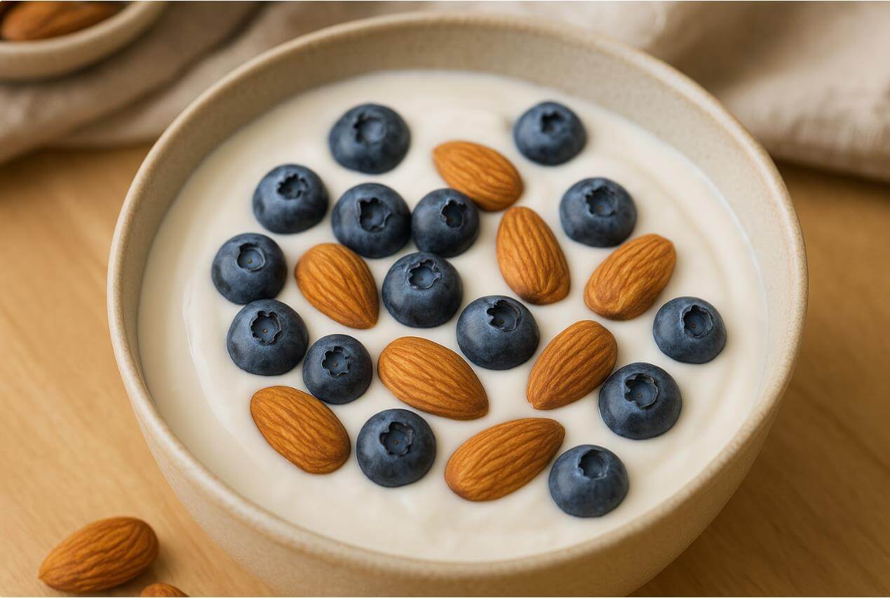 블루베리와 아몬드를 곁들인 요거트 보울의 클로즈업 모습.