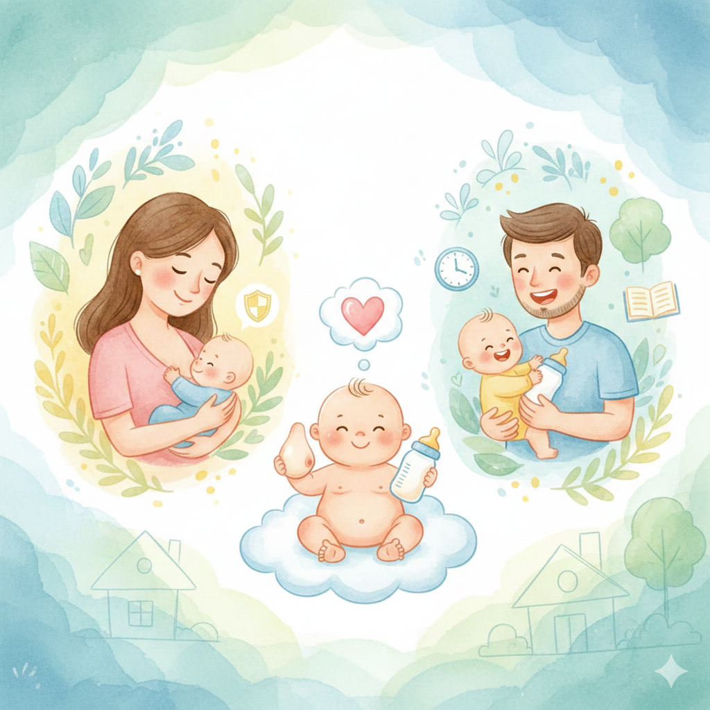 포근한 수채화 화풍으로 묘사된 엄마의 모유 수유 장면과 아빠의 분유 수유 장면, 그리고 가운데에서 행복하게 웃고 있는 아기 삽화