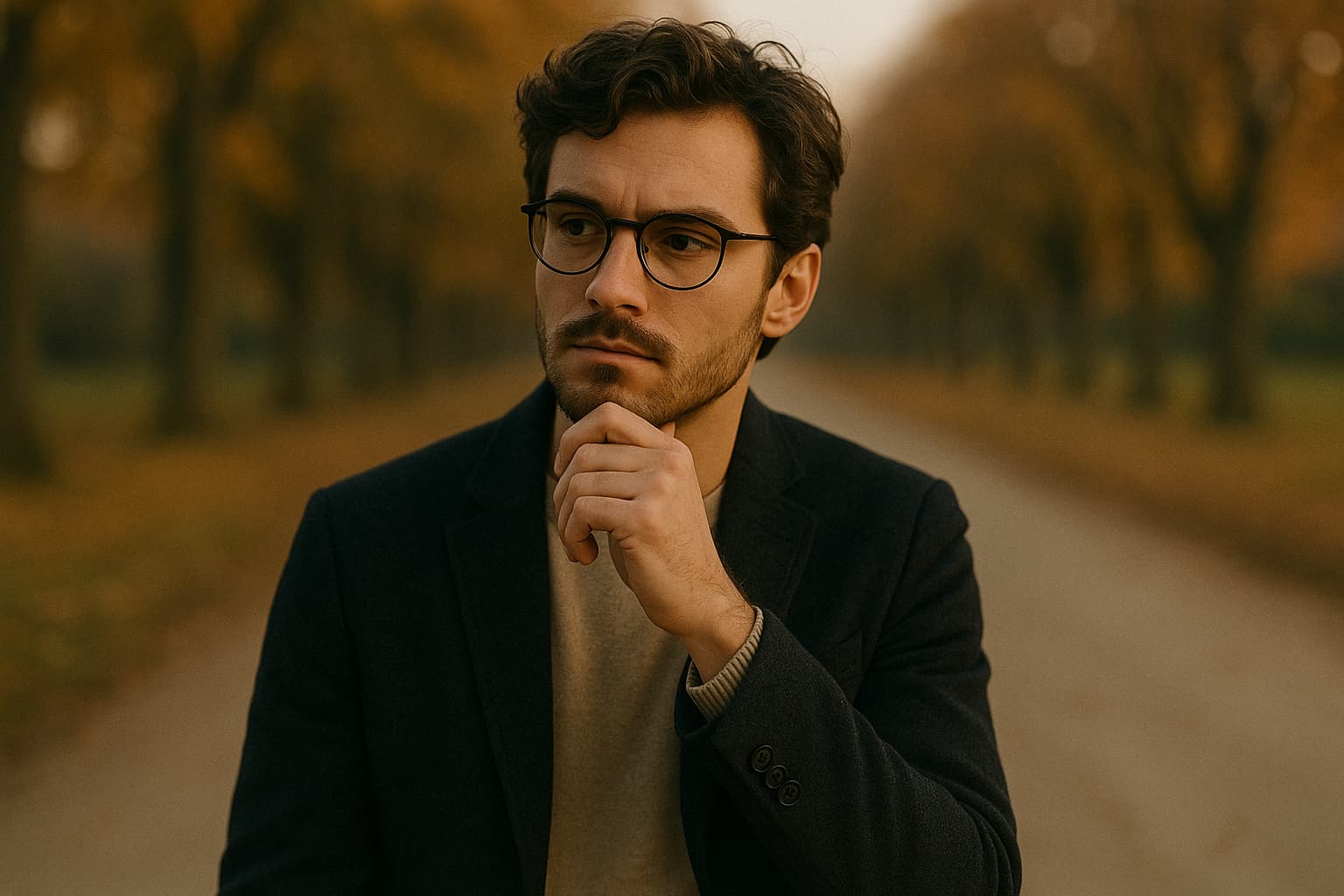 가을 배경 속 사색적인 표정의 INFJ 남성, 논리보다 진정성을 중시하는 내면을 반영한 장면