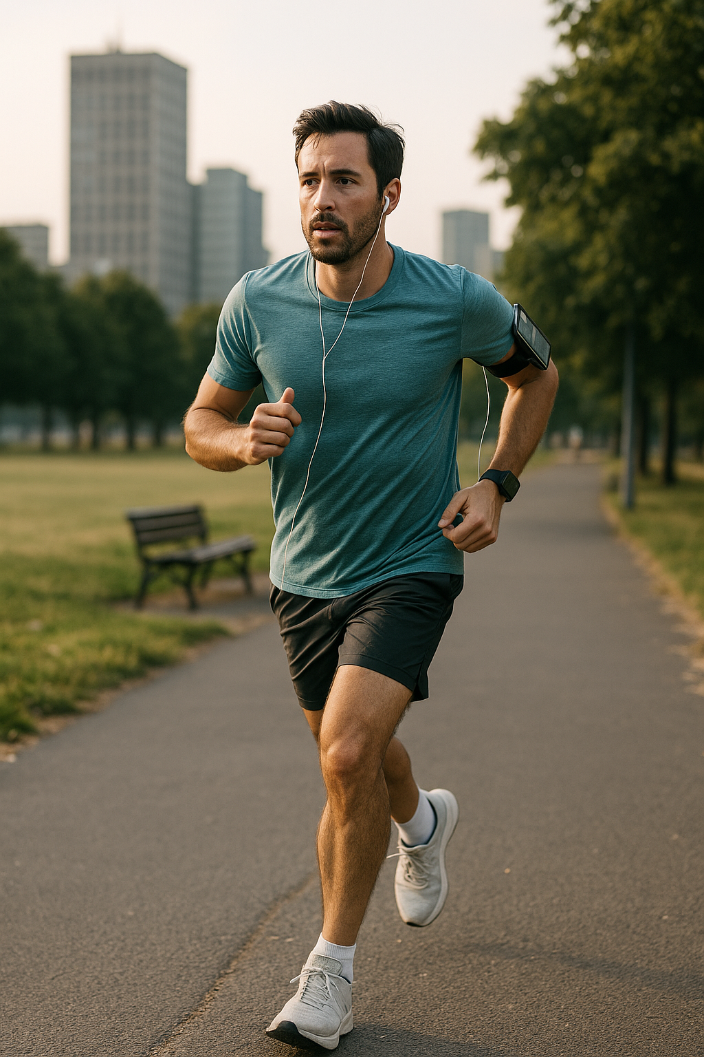 직장인이 퇴근 후 공원에서 러닝하며 30분 인터벌 훈련 루틴을 실천하는 모습. 이어폰과 스마트워치를 착용한 채 도심 공원을 배경으로 안정된 페이스로 달리고 있다.
