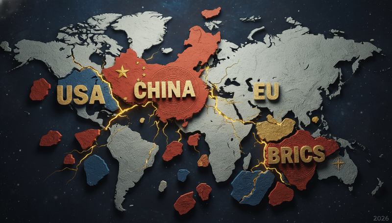 2026년 다극화된 세계 체제와 그 틈새에서 가치를 발하는 금의 상징적 이미지.