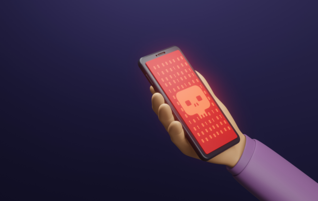 스마트폰에 해골 모양의 아이콘이 떠 있다.