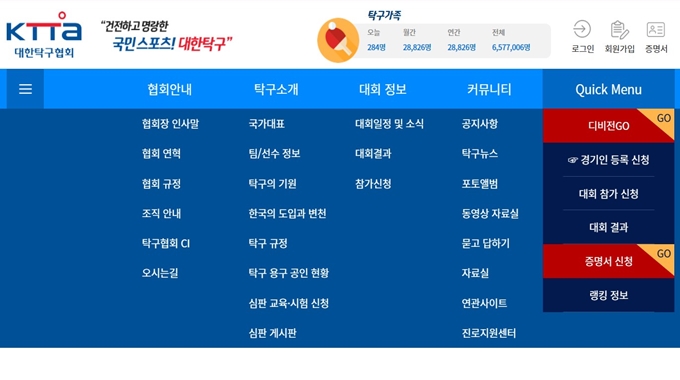 대한탁구협회 웹사이트 메뉴안내