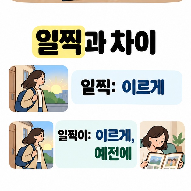 일찍과 차이라는 제목 아래 일찍은 이르게로, 일찍이는 이르게와 예전에로 설명하고 출발 장면과 앨범 장면을 함께 배치한 비교 그림