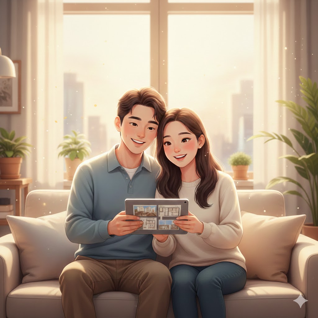 신혼부부가 나란히 앉아 집을 알아보며 행복해하는 모습