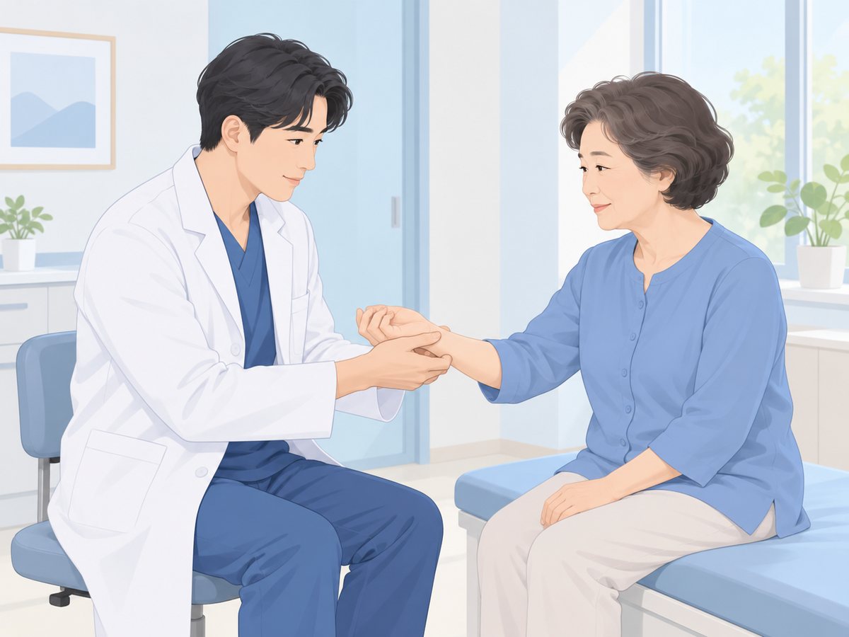 진료실에서 의사가 중년 여성의 손목을 두 손으로 잡고 살펴보며 진찰하는 장면