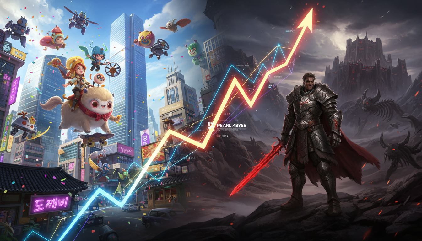 도깨비와 붉은사막 게임 캐릭터들이 어우러진 판타지 세계가 주식 그래프와 함께 역동적으로 펼쳐져 펄어비스의 미래를 상징하는 이미지.