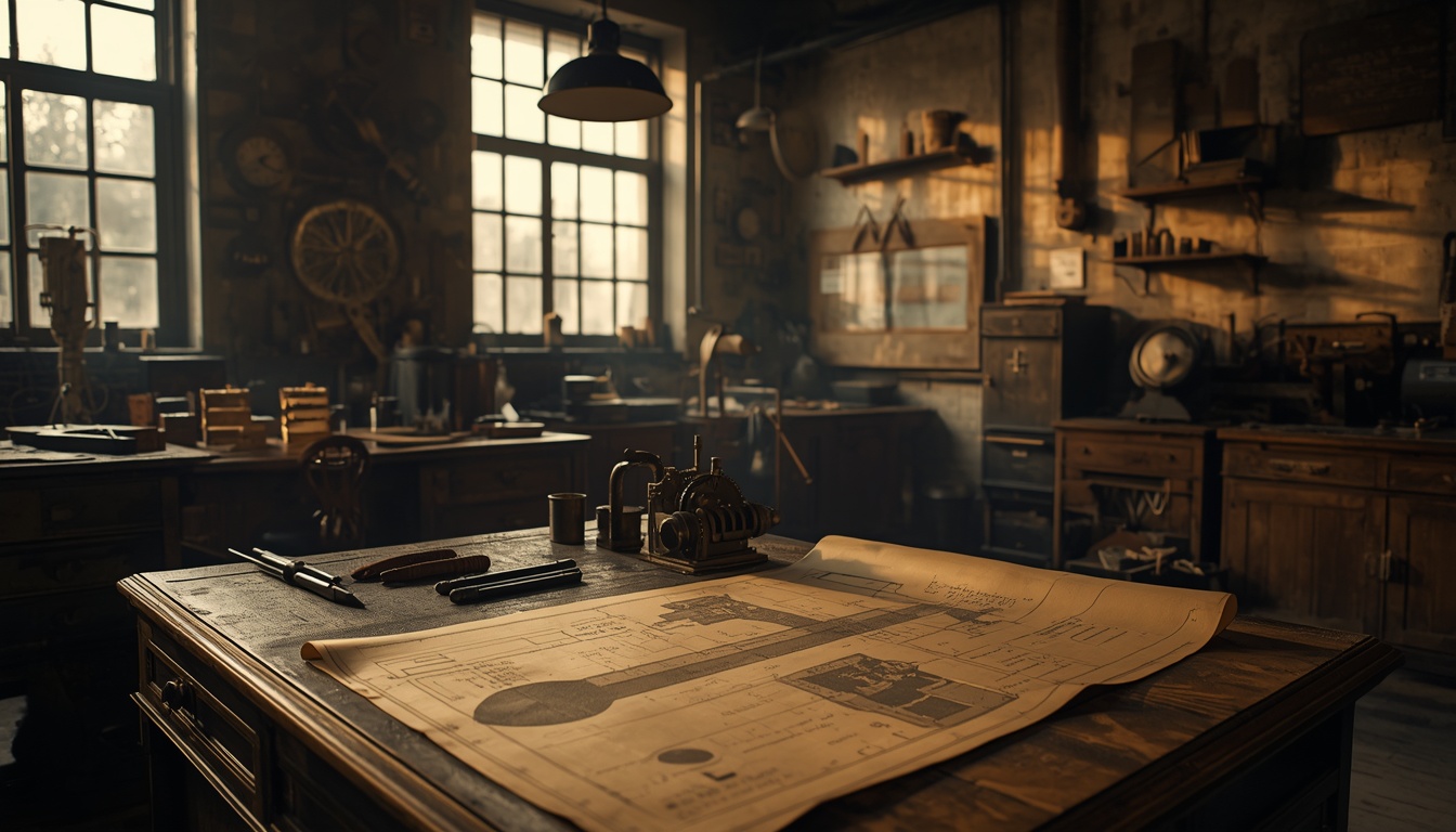 Vintage German automotive workshop from the early 20th century with engineering tools and blueprints.
