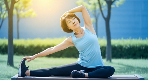 공원 벤치에서 스트레칭하는 중년 여성&amp;#44; 운동 후 정리 운동