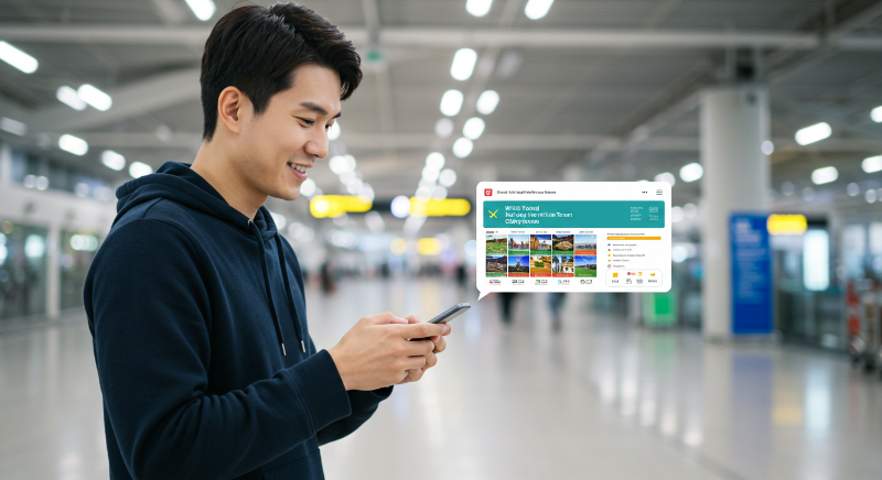 공항에서 시내 접근성이 좋은 도시를 선택하고, 스마트폰으로 반나절 시티투어 일정을 확인하는 여행자.