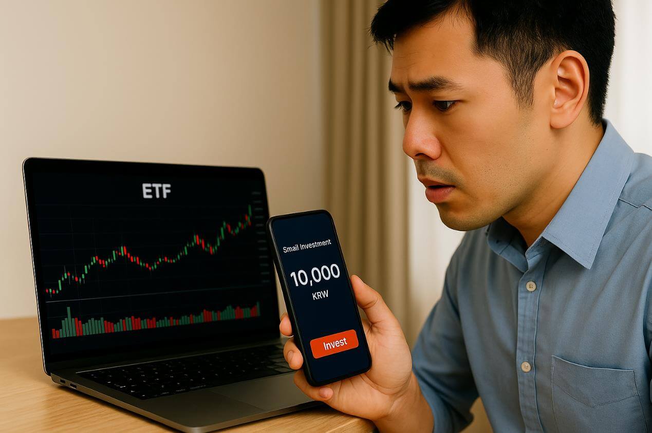 노트북 ETF 그래프 옆에서 스마트폰으로 1만 원 소액 투자 확인.