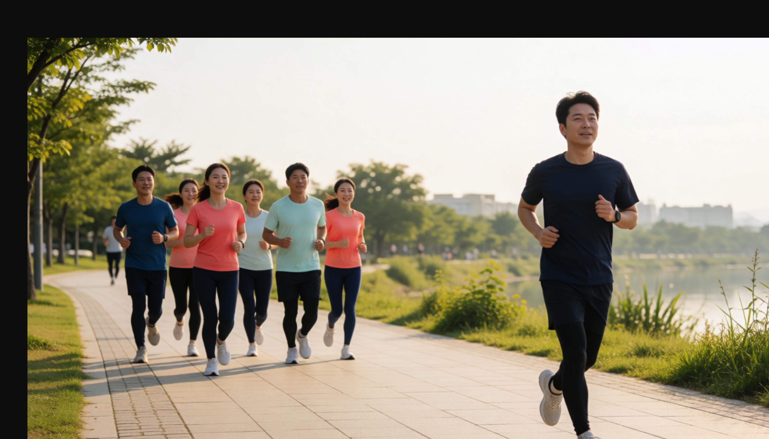 강변 공원 길을 혼자 앞서 달리고 뒤쪽에 무리가 따라오는 모습