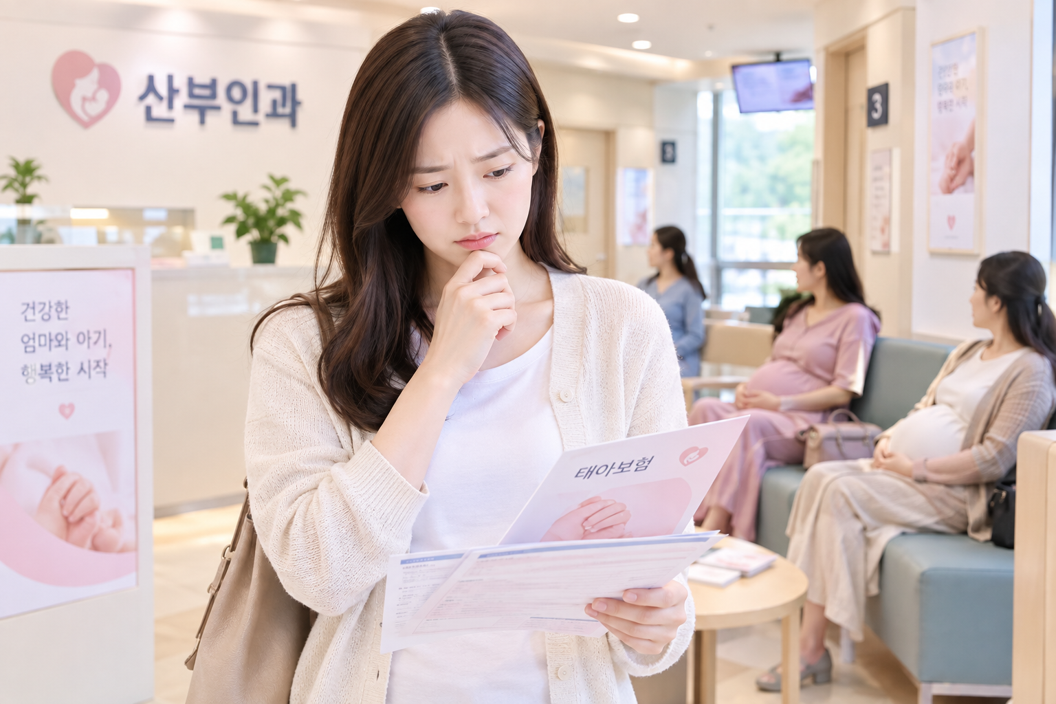 산모가 태아보험서류를 보고있는 이미지