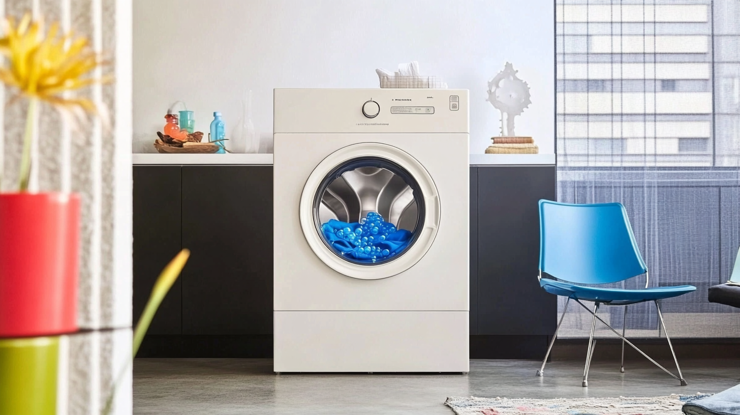 에코버블 기술이 적용된 삼성 세탁기가 모던한 아파트에서 잘 어울리는 모습을 보여주는 이미지입니다. 세련된 도시 아파트 디자인에 통합된 세탁기로 효율적이면서 혁신적인 느낌을 주고 있습니다.