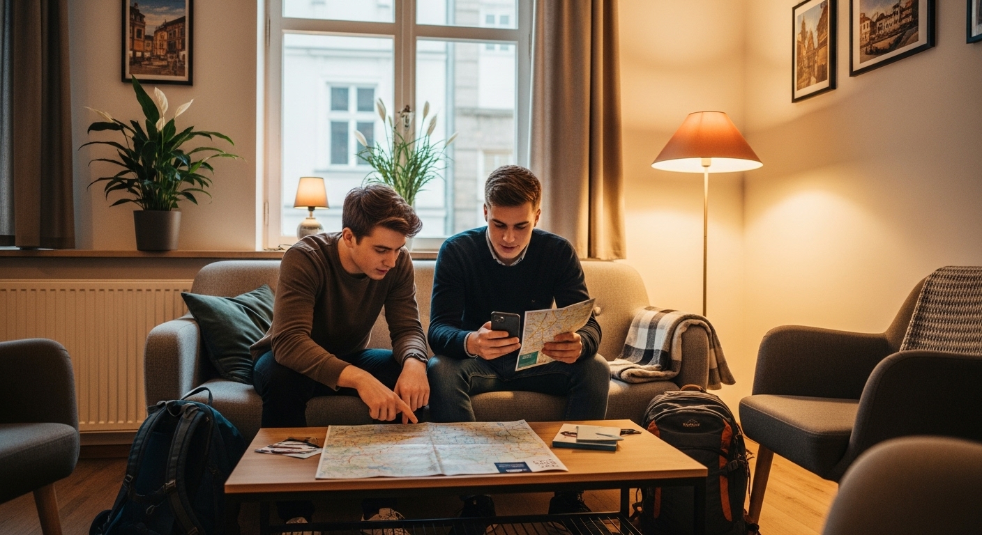 유럽 호스텔 공용 공간에서 두 친구가 지도를 펼쳐놓 고 다음 여행 일정을 계획하고 있는 모습
