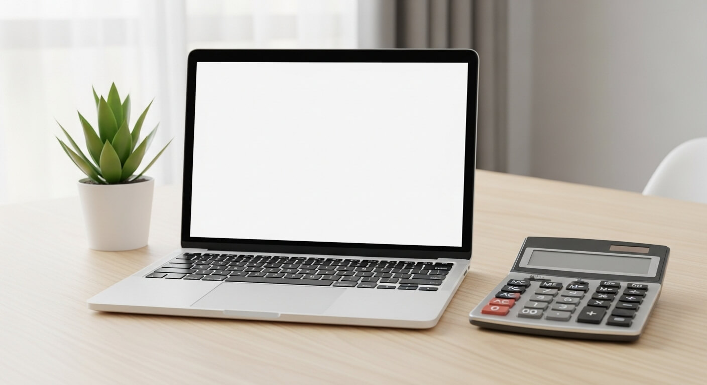 공란 화면의 노트북과 계산기가 놓인 밝은 나무 책상