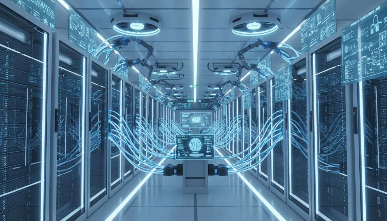 글로벌 AI 데이터센터 트래픽 폭증과 광통신 장비 인프라 확충 모습을 표현한 이미지