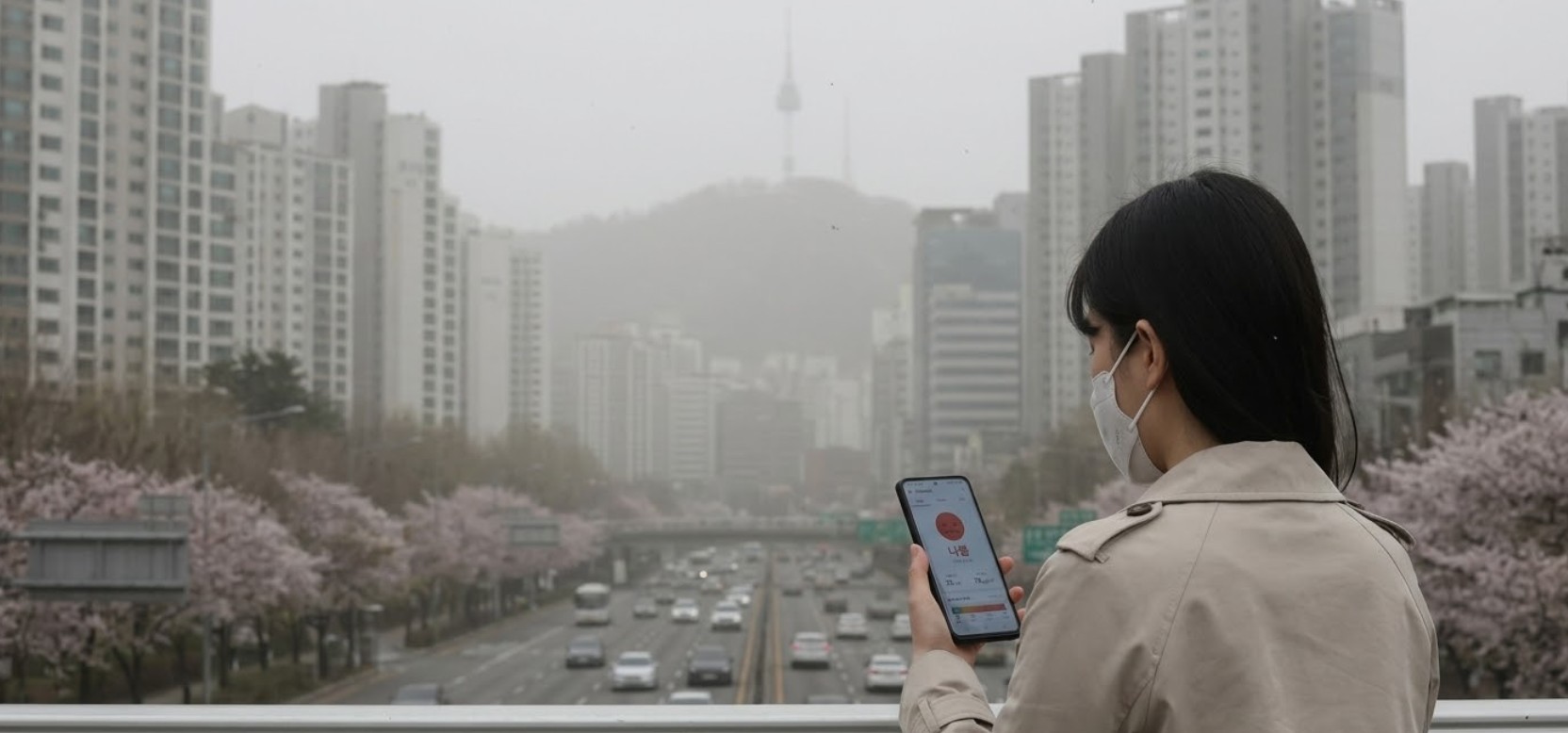 2026년 봄철 초미세먼지 및 황사 경보로 인해 뿌연 도심 풍경과 대기 오염의 심각성