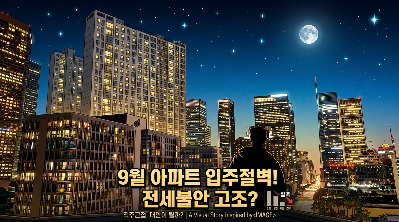 도시의 밤 야경과 아파트 빌딩을 바라보며 9월 아파트 입주 절벽 및 전세 불안, 직주근접 이슈를 고민하는 사람의 실루엣 일러스트